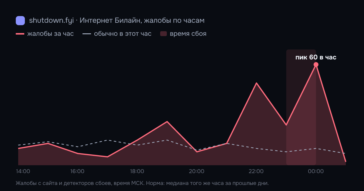 Интернет Билайн: жалобы по часам 3 октября 2026, норма и время сбоя
