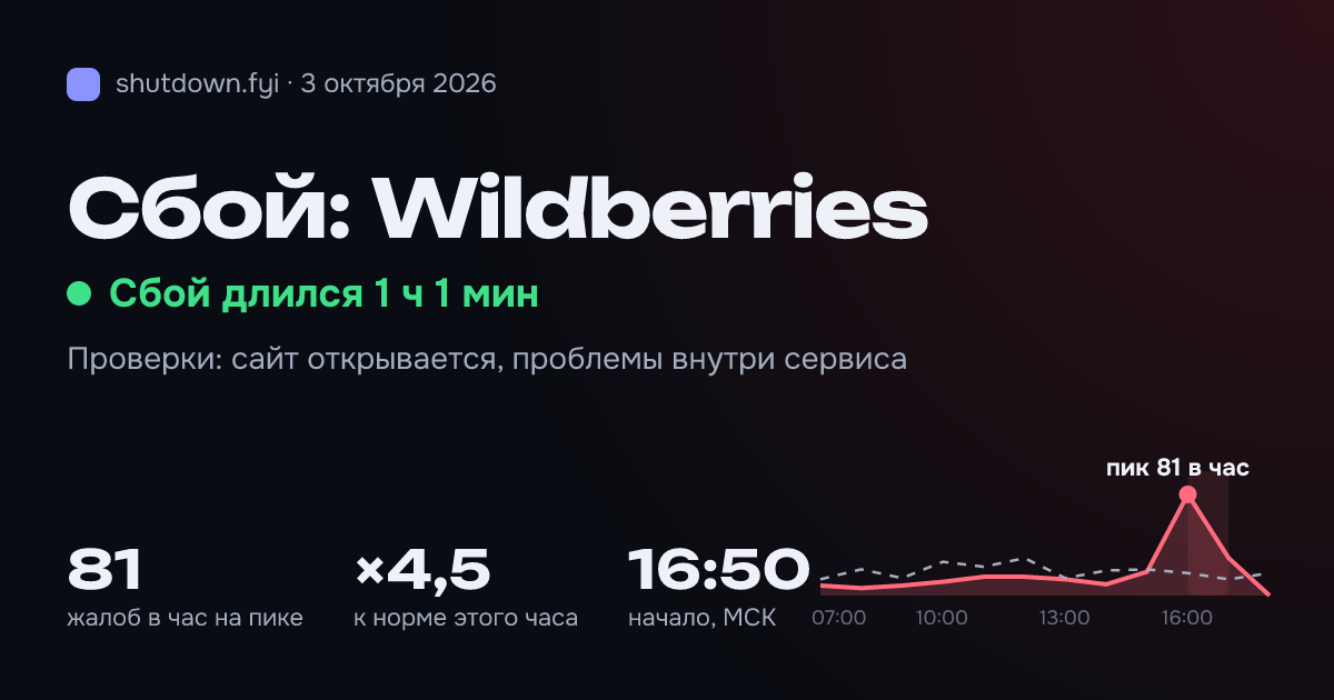 Wildberries: сбой 3 октября 2026, пик 81 жалоб в час