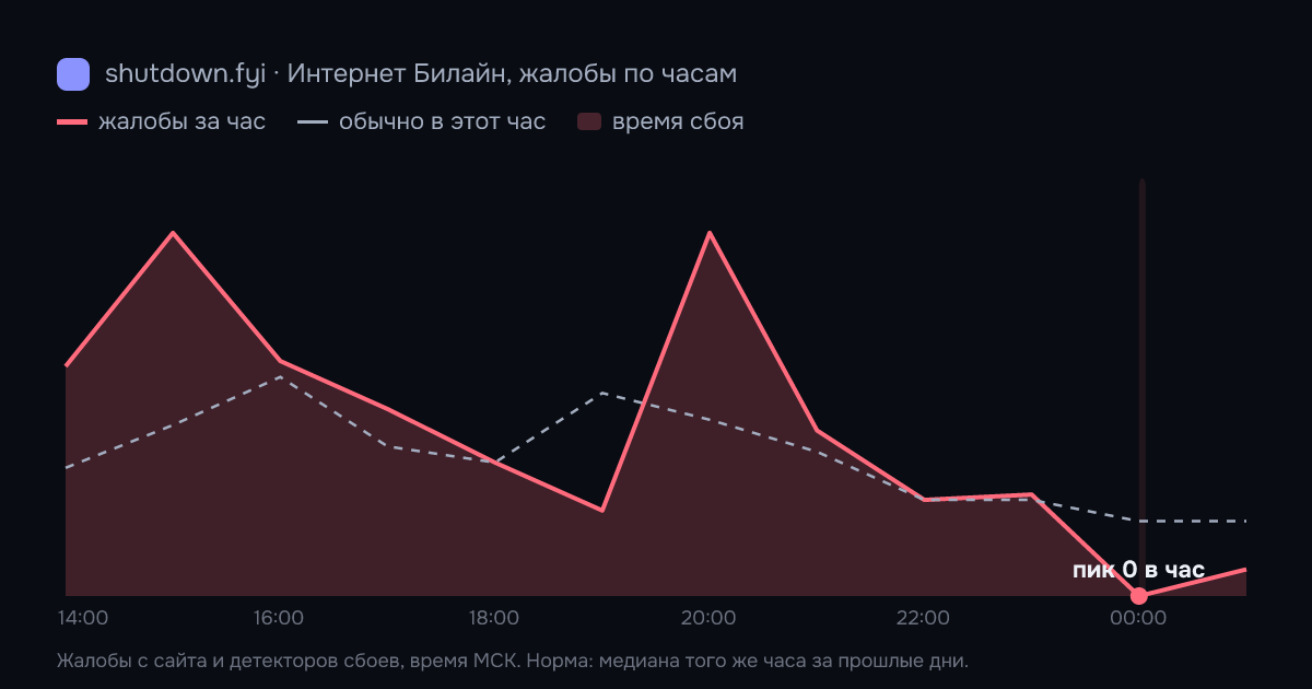 Интернет Билайн: жалобы по часам 16 октября 2026, норма и время сбоя